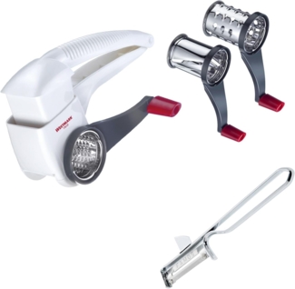 WESTMARK Trommelreibe 1 Trommelreibe mit 3 Schneidtrommeln + 1 Sparschäler, ABS, Edelstahl, Stahl, Reiben, Hobeln und Raspeln, spülmaschinengeeignet, Made in Germany