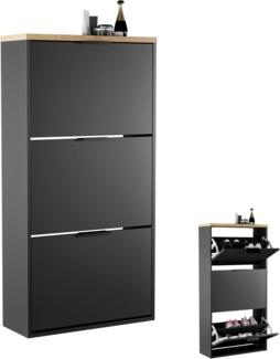 Planetmöbel Schuhschrank schmal mit 3 Klappen platzsparender Schuhregal mit 6 Ablagen, Schuhkommode für Diele, Flur, Garderobe 60 x 23 x 118 cm, schwarz