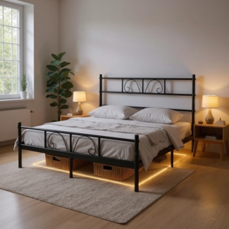 FurnitureR Doppelbett Metall 140×200 cm mit LED Streifen, 20 Farben Unterbett Beleuchtung per Knopf steuerbar, stabiles Plattformbett mit Lattenrost, ideal für Schlafzimmer & Gästezimmer, Schwarz A