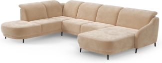 CAVADORE Wohnlandschaft Blue/Sofalandschaft mit Longchair im modernen Design, Inkl. Kopfteilverstellung, Vorziehsitz motorisch und mattschwarzen Metallfüßen / 356 x 93 x 249 / Mikrofaser, Hellbraun