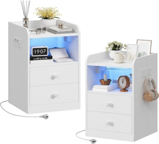 IRONCK Nachttisch 2er Set mit Steckdose und LED, Beistelltisch mit 1 USB & 1 Typ-C Anschlusse, Nachtschrank 2 Schubladen&offene Fächer, Sofatisch für Wohnzimmer, Schlafzimmer, Arbeitszimmer, Weiß