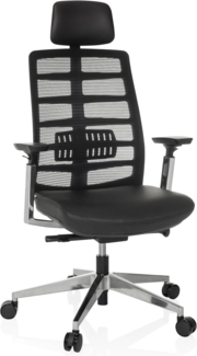 hjh OFFICE Bürostuhl ergonomisch SPINIO Elite L Chefsessel Leder, Kopfstütze und Lordosenstütze verstellbar, Drehstuhl mit Netzrücken, Schwarz