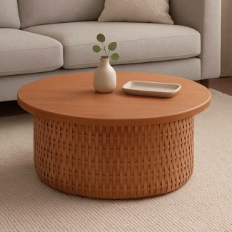 Couchtisch HWC-P15, Beistelltisch Sofatisch Wohnzimmertisch Mahagoniholz Rattan rund Ø75cm