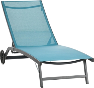 Outsunny Gartenliege Relaxliege mit verstellbarer Rückenlehne, Gartenliege für Poolbereich, Liegestuhl mit Rollen, 1 St, Sonnenliege, Polyester, Alu, Blau, 195 x 165 x 102 cm
