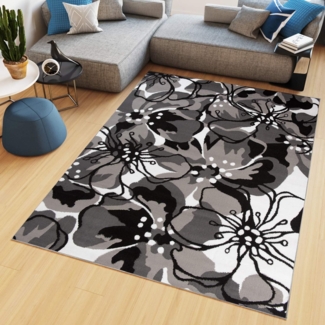 TAPISO Maya Teppich Wohnzimmer Kurzflor Modern Floral Blumen Design Schwarz Grau Weiß Schlafzimmer Kinderzimmer ÖKOTEX 120 x 170 cm