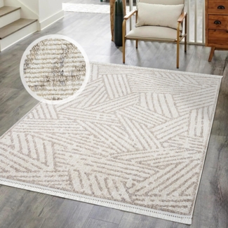 Carpet City Teppich CLASICO 9161, rechteckig, Höhe: 11 mm, Läufer, Kurzflor, Hochtief-Muster, Boho, Fransen, Wohnzimmer