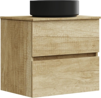 Baikal Onyx Black Badezimmerschrank, 2 Schubladen, Wandmontage, mit Keramikwaschbecken in Mattschwarz, Melamin 16 mm, montiertes Möbelstück, rundes Waschbecken, ohne Spiegel, 60 cm Nature