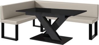 MEBLINI Eckbank für Esszimmer mit ausziehbarem Tisch - Küchenbank - Essecke - Sitzecke Küche - TONI - U-Beine 142x196x87cm Links - Beige Kunstleder/B Schwarz Hochgl.