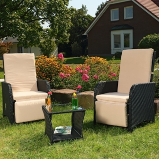 Polyrattan Gartenset 2 Sessel + Tisch schwarz Sitzgarnitur Gartenmöbel Stuhl