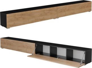 PLATAN ROOM Fernsehschrank TV-Lowboard 105/140 / 160/210 / 280 In Weiß Hängend Oder Stehend Hochglanz Matt (280 x 30 x 32, Schwarz Matt/Eiche Gold)