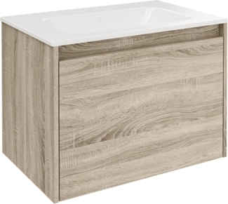 FACKELMANN COMPACT LINE Waschbecken mit Unterschrank 71 cm breit, Braun, Waschbecken Keramik Weiß, 1 Schublade