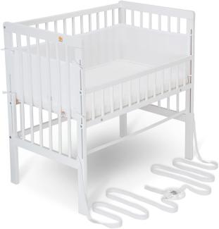 FabiMax Baby Beistellbett für Boxspringbett, TÜV geprüft 2022, inkl. Matratze und Nestchen aus Netzstoff, Buche massiv weiß, Comfort/weiß