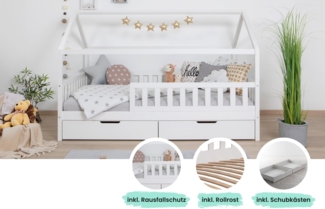 Kinderbett Hausbett "Kay" 120x200 Kiefer massiv weiß inkl. Schubkästen