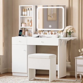 IRONCK Schminktisch mit LED-Spiegel und Ladestation, Kosmetiktisch inkl. Hocker, 2 Schubladen und Aufbewahrungsschrank, Dimmbare Beleuchtung (3 Farbmodi), Für Schlafzimmer Modernes Weiß