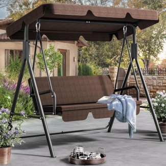 YITAHOME Hollywoodschaukel, 3 Sitzer Outdoor Hollywoodschaukeln mit Liegefunktion, Metall Gartenschaukel mit Verstellbarem Sonnendach & Abnehmbarem Kissen für Erwachsene,270KG Belastbar,Braun