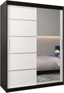Schwebetürenschrank Verona 2-150 cm mit Spiegel Kleiderschrank mit Kleiderstange und Einlegeboden Schlafzimmer- Wohnzimmerschrank Schiebetüren Modern Design (Schwarz + Weiß)