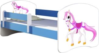 ACMA Kinderbett Jugendbett mit Einer Schublade und Matratze Blau mit Rausfallschutz Lattenrost II 140x70 160x80 180x80 (43 Kleines Pferd, 140x70)