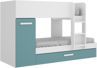 Vente-unique - Etagenbett Ausziehbett mit Stauraum - 3x 90 x 190 cm - Weiß, Naturfarben & Blau - ANTHONY