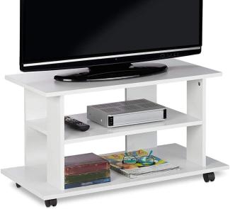 BAKAJI TV-Schrank aus MDF-Holz mit 2 Einlegeböden für Videospiele DVDs und 4 Rollen, modernes Design, Größe 80 x 40 x 45 cm (weiß)