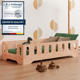 smartwood TILA 2B Kinderbett 120x200 mit Rausfallschutz und Lattenrost - Bodenbett Kinder Naturholz - Montessori Bett mit glatten Kanten - Betten für schnelle Montage - Bis zu 300 kg