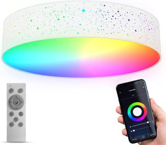 B. K. Licht - Smart Home LED Deckenlampe mit App- und Sprachsteuerung, einstellbar von warmweiß bis kaltweiß, buntes RGB Licht, Lampe,LED Deckenleuchte, Wohnzimmerlampe, 49x12 cm, Weiß