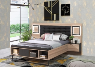 Forte Sirius Crown Bett 300, Bett + 2 Nachtkommoden mit 1 Tür und 2 Schubladen, Holzwerkstoff, Comano Pflaume/Schwarzeiche Holzdekor, 247 cm breit x 119,7 cm hoch x 224,7 cm tief