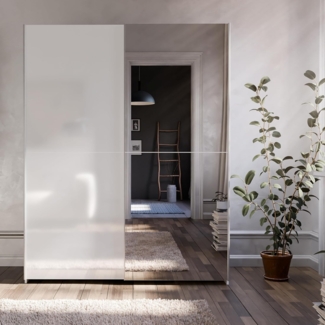 FORTE Schach & MATT Kleiderschrank 150, Moderner Spiegelschrank mit Schwebetüren, 2-türig, Holzwerkstoff, Weiß, 150,1 cm breit, 190,5 cm hoch, x 61,2 cm tief