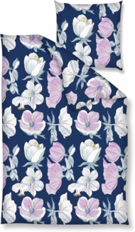 Bettwäsche Baumwolle, Traumschloss, Renforcé, 2 teilig, Blumen in rosa weiß, blauer Hintergrund