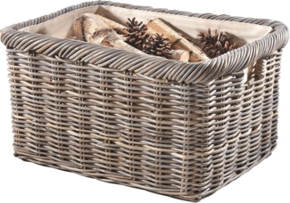 Kobolo Kaminholzkorb Holztrage Korb Rattan grau mit Jutestoff hell - Aufbewahrungskorb (Stückzahl, 1 St, 1 Korb), 55x39x30 cm