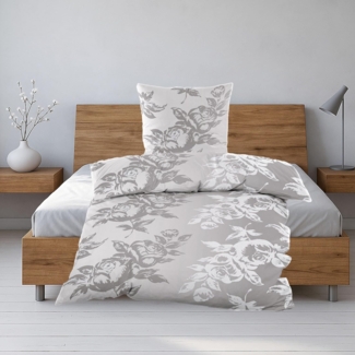 Casa Colori Bettwäsche Biber 135x200 cm mit Reißverschluss aus Baumwolle, Biber, 2 teilig, Grau mit Rosen Blumenmuster