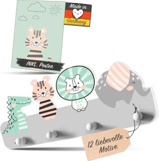 Kindsblick ® Junglefreunde Kindergarderobe in Grau inkl. DIN A4 Poster - Garderobe mit 4 Kleiderhaken für Kinder - Wunderschöne Deko für jedes Kinderzimmer - Maße (38 x 15 x 1 cm)