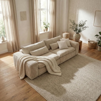 Big Sofa 300 cm breit, Modell Vince, Tiefe Sitzfläche, pflegeleichter Stoffbezug, Nosagfederung, Rücken echt bezogen, mittlere Sitzhärte, inkl. 2 Rückenkissen, 2 Nierenkissen, Beige