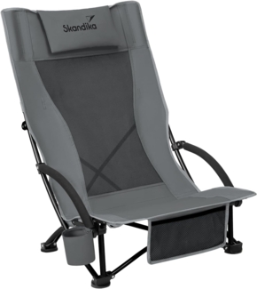 Skandika Strand Klappstuhl Beach | Bequemer Strandstuhl mit atmungsaktivem Mesh, Getränkehalter, niedrig, leicht zu transportieren, max. 136 kg | Faltbarer Campingstuhl, Liegestuhl (grau)