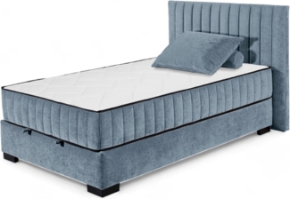 NAGOL C Boxbett 120x200, Denim - Bequemes Bett mit Bettkasten und Premium 9-Zonen-Federkern Wendematratze - 145 x 114 x 214 cm (B/H/T)
