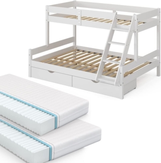 Vitalispa Etagenbett Weiß 140x200 / 90x200 cm mit 2 Matratzen und 2 Schubkästen, Everest