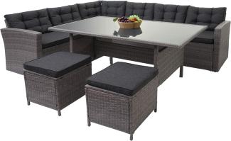 Poly-Rattan-Garnitur HWC-A29, Gartengarnitur Sitzgruppe Lounge-Esstisch-Set Sofa ~ grau, Kissen grau + 2x Hocker