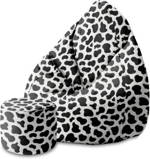 DreamRoots Bean Bag 80 x 80 x 120 cm - Sitzsack mit Lehne und Hocker und Bezug - mit Füllung, Cow Print