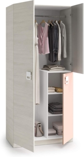 Dreitüriger Kleiderschrank mit Kleiderstange und drei Innenböden, Holzoptik grau mit rosa Türdetail, Maße 90 x 200 x 52 cm