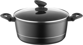 FLORINA Aluminium Topf (6,5 l) 28 cm I Kochtopf DELUX mit Glasdeckel I Messbecher & Antikratz-Beschichtung I Topf mit Induktionsboden I Geeignet für Induktionsherd, Gasherd und Elektroherd (Schwarz)