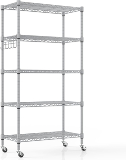 Regal mit 5 Regalböden und Rädern, Robustes Metalldrahtregal mit Haken, höhenverstellbar, für Badezimmer, Küche, Garage (76 x 35 x 158 cm), Silber