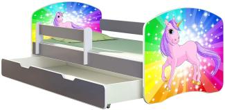 ACMA Kinderbett Jugendbett mit Einer Schublade und Matratze Grau mit Rausfallschutz Lattenrost II (18 Pony Regenbogen, 180x80 + Bettkasten)