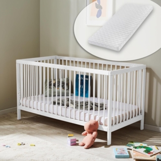 Kids Collective Babybett Kinderbett Gitterbett 70x140 Matratze höhenverstellbar & herausnehmbare Sprossen, optional mit Schublade | Buchenholz Weiss sehr stabil Made in Europe