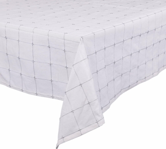 Tischdecke weiß und Silber, 140x240 cm, aus Baumwolle und Polyester, 10-12 Plätze, silbernes Metallicgarn, Stickerei Karos, Xmas