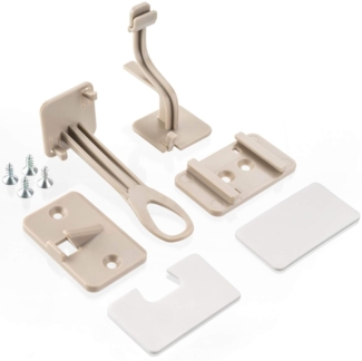 reer 71017 DesignLine Schubladen- und Schranktürsicherung zum Kleben oder Schrauben, 2 Stück, taupe. Die neue Generation von Sicherheitsartikeln. Dezentes Design für ein modernes Wohnambiente.