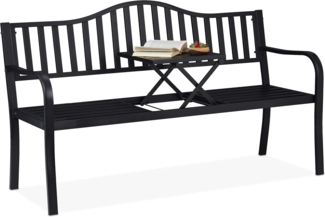 Relaxdays Gartenbank mit klappbarem Tisch, 3-Sitzer, stabil, Garten, Metall Balkonbank, HBT 89 x 150 x 58,5 cm, schwarz