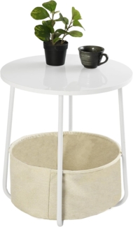 FurnitureR Runder Beistelltisch 45x50 cm -Hohe Glanz Moderner Couchtisch mit Stoffspeicherkorb, Stauraum für Wohnzimmer & Schlafzimmer, Weiß/Beige, Wackelfrei & Einfache Montage