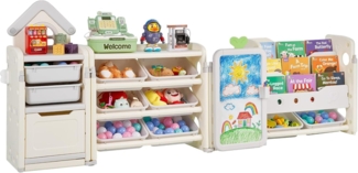 VEVOR Spielzeugaufbewahrung Bücherregal Spielzeugregal HDPE, 4-stöckige multifunktionale Ablage mit 10 flexiblen Kunststoffbehältern & Zeichenbrett, für Schlafzimmer Klassenzimmer (Grau + Beige)