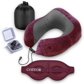 Cozyor Nackenstützkissen Memory Nackenkissen mit verstellbarem Verschluss + praktischer Tasche, Bezug: waschbarer Bezug, Set, Reise-Set mit Augenmaske, wahlweise mit Reisedecke & -kissen