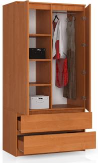 BDW Kleiderschrank 2 Türen, 4 Einlegeböden, Kleiderbügel, 2 Schubladen Kleiderschrank für das Schlafzimmer Wohnzimmer Diele 180 x 90 x 51 cm (Erle)