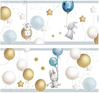 Bordüre 15cm x 200cm für Kinderzimmer Babyzimmer Dekor Aufkleber Wandbordüre selbstklebend Wandtattoo für Kinder Mädchen Junge Y033-17 (Hasen mit Ballons)